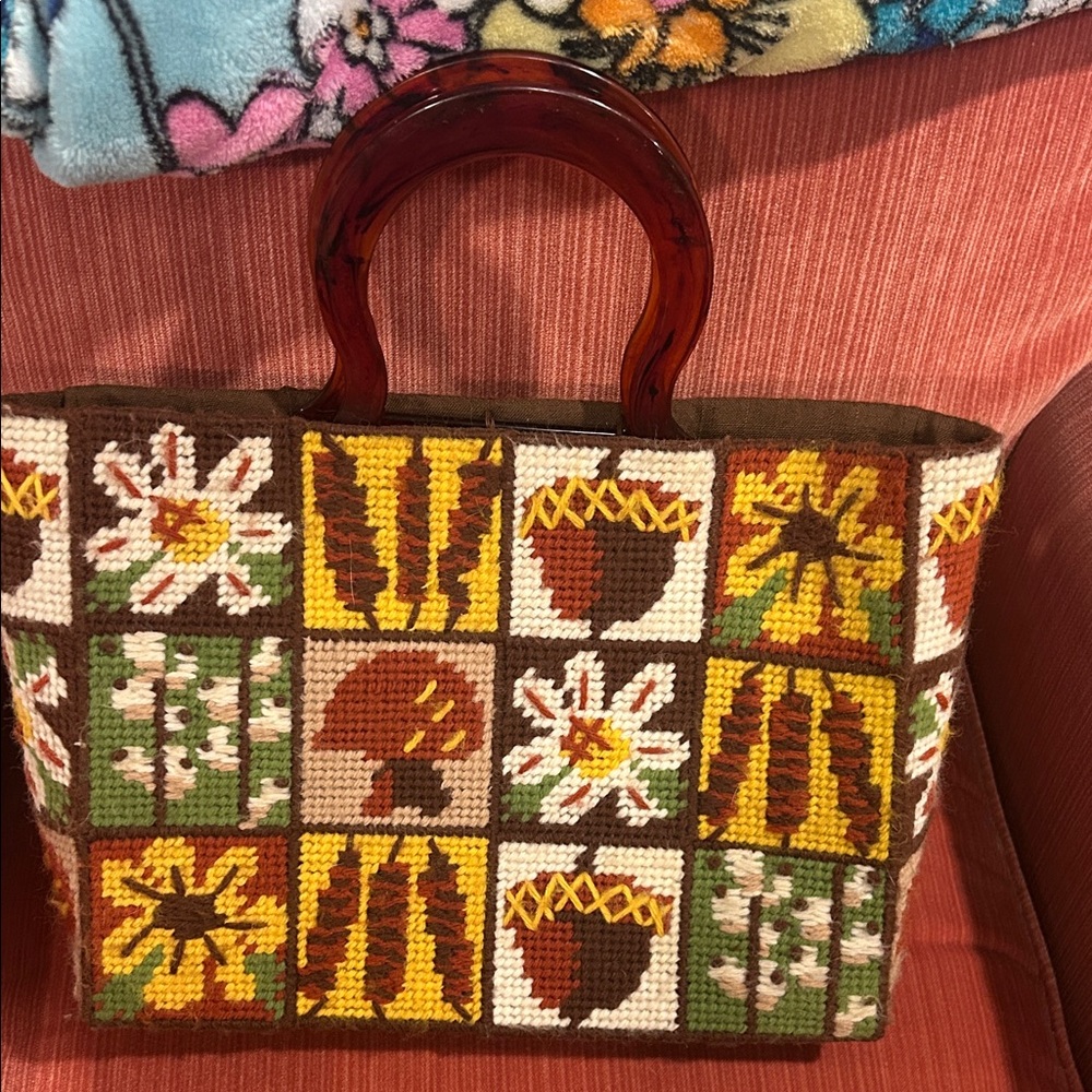 Handcrafted Floral needlepoint Tote Bag with Brown Handles